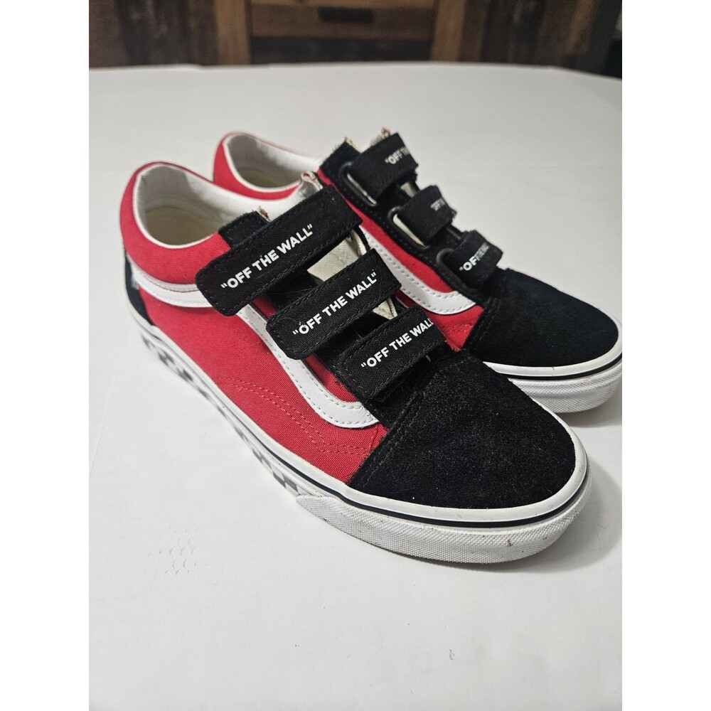 VANS Off The Wall Checkerboard Low Top Hook & Loop Red Black Men 6 Women 7.5